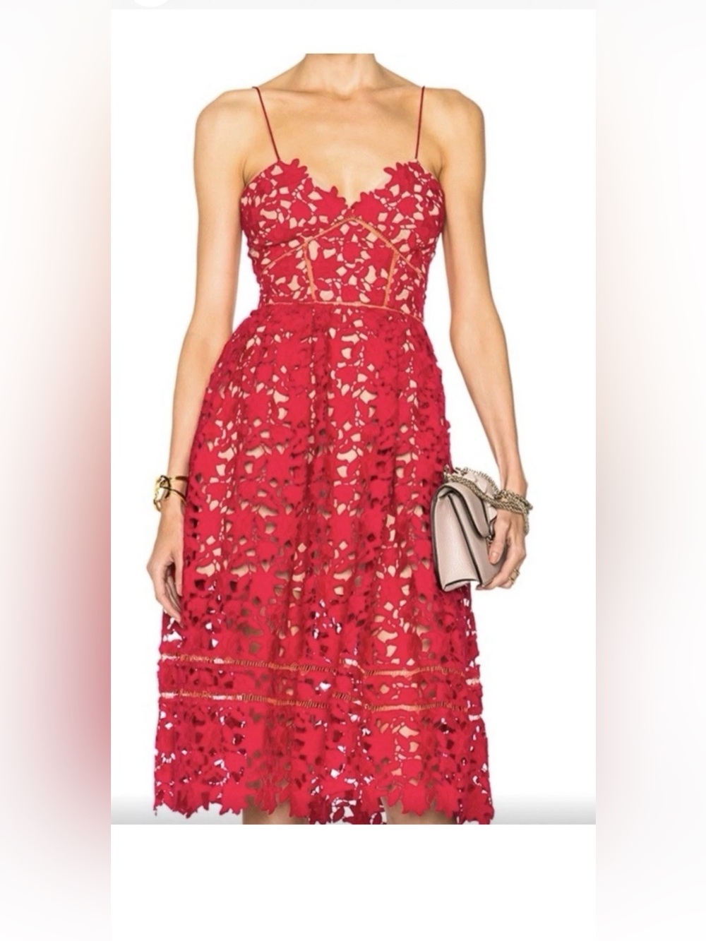 Self-Portrait Red Azaelea Fit & Flare Lace Midi Dress Size UK 8 US 4